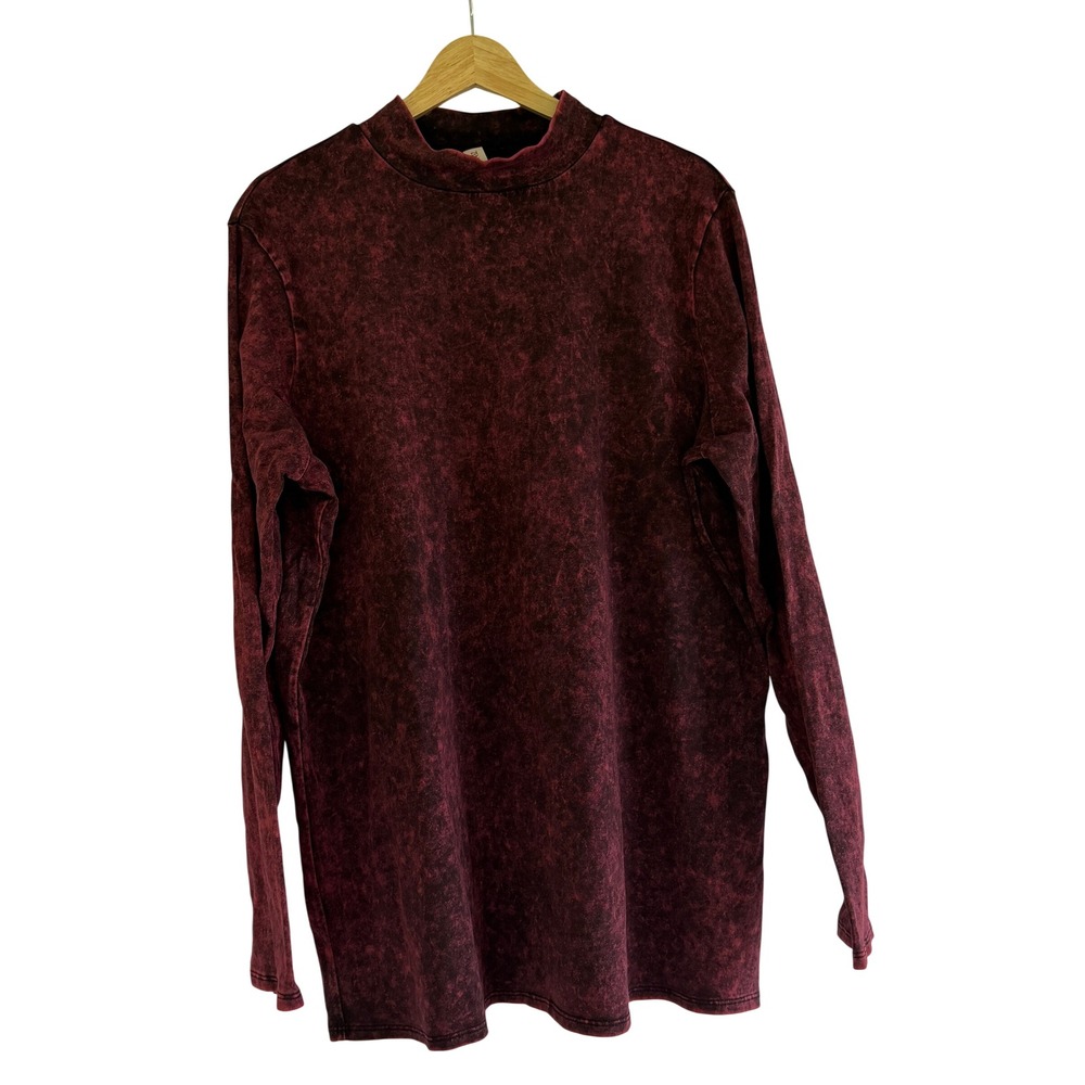 Zenana Outfitters Womens 3X Burgundy Acid Wash Mock Neck Long Sleeve Top